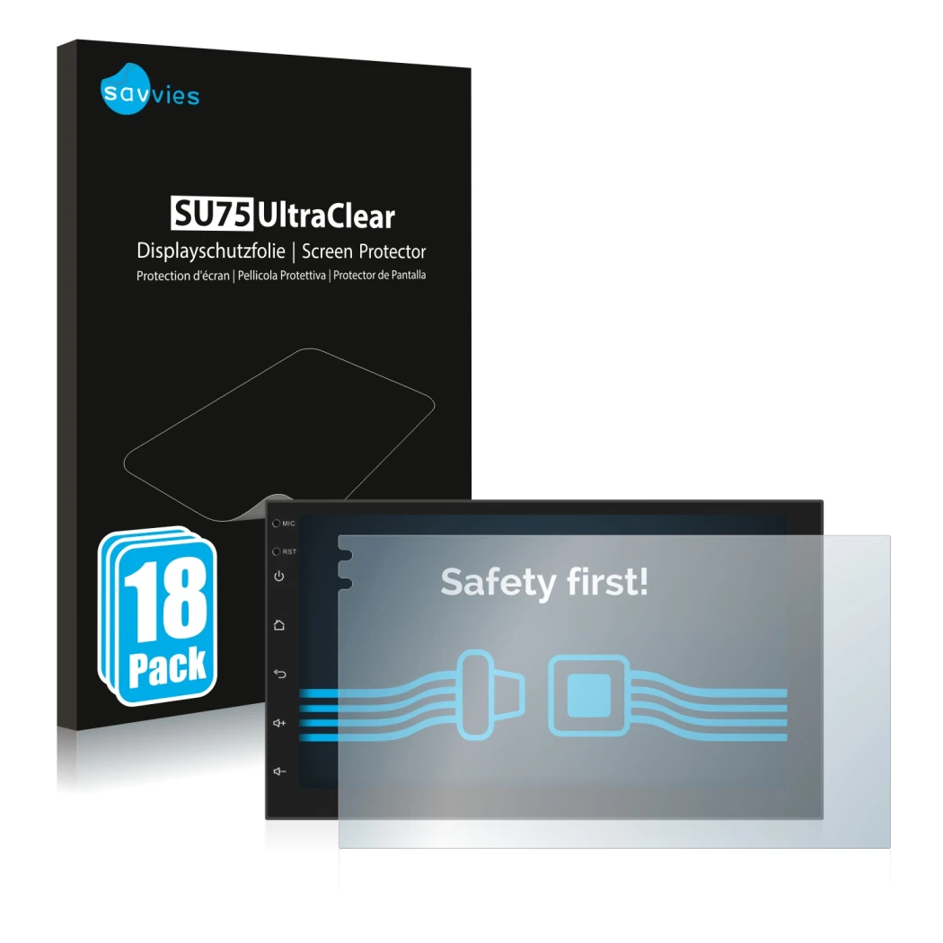 Front side of a product packaging with the brand logo Savvies. Next to it is the device Phonocar MediaStation 2Din shown with 