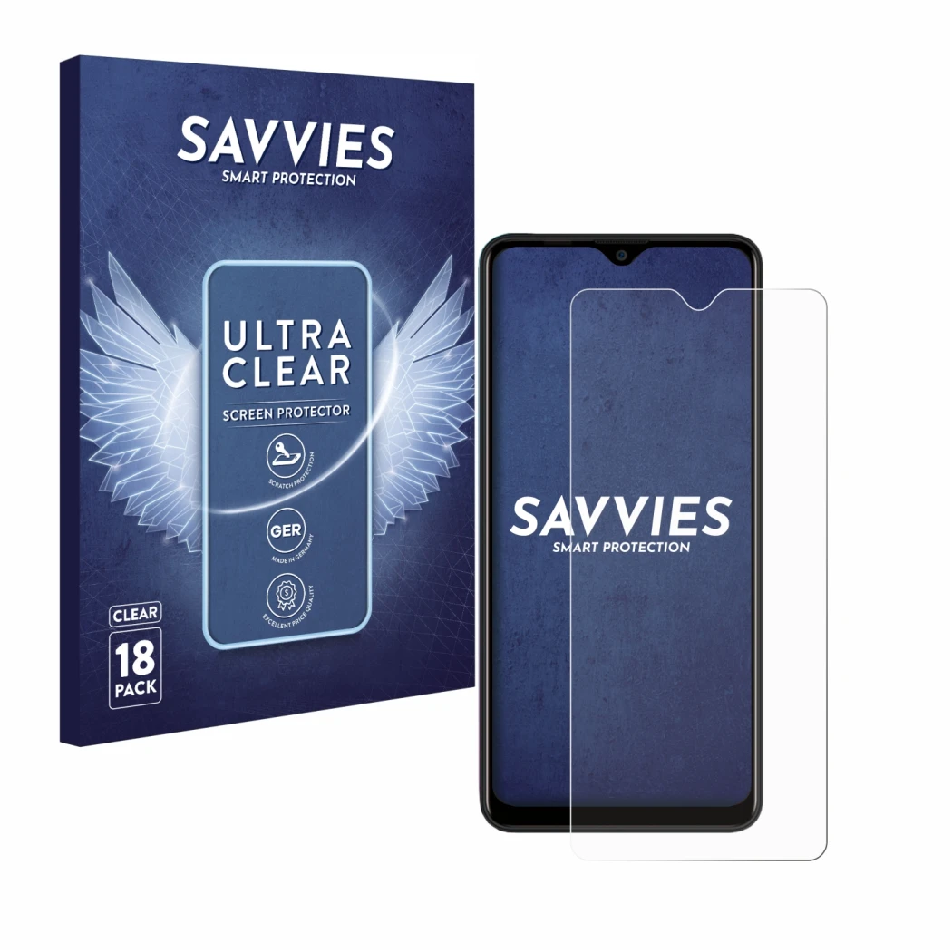 Front side of a product packaging with the brand logo Savvies. Next to it is the device Blackview A80 Pro shown with the corre