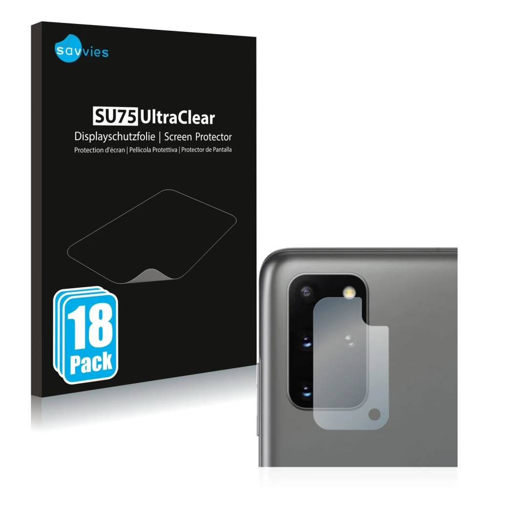 Front side of a product packaging with the brand logo Savvies. Next to it is the device Samsung Galaxy S20 Plus (ONLY Camera L