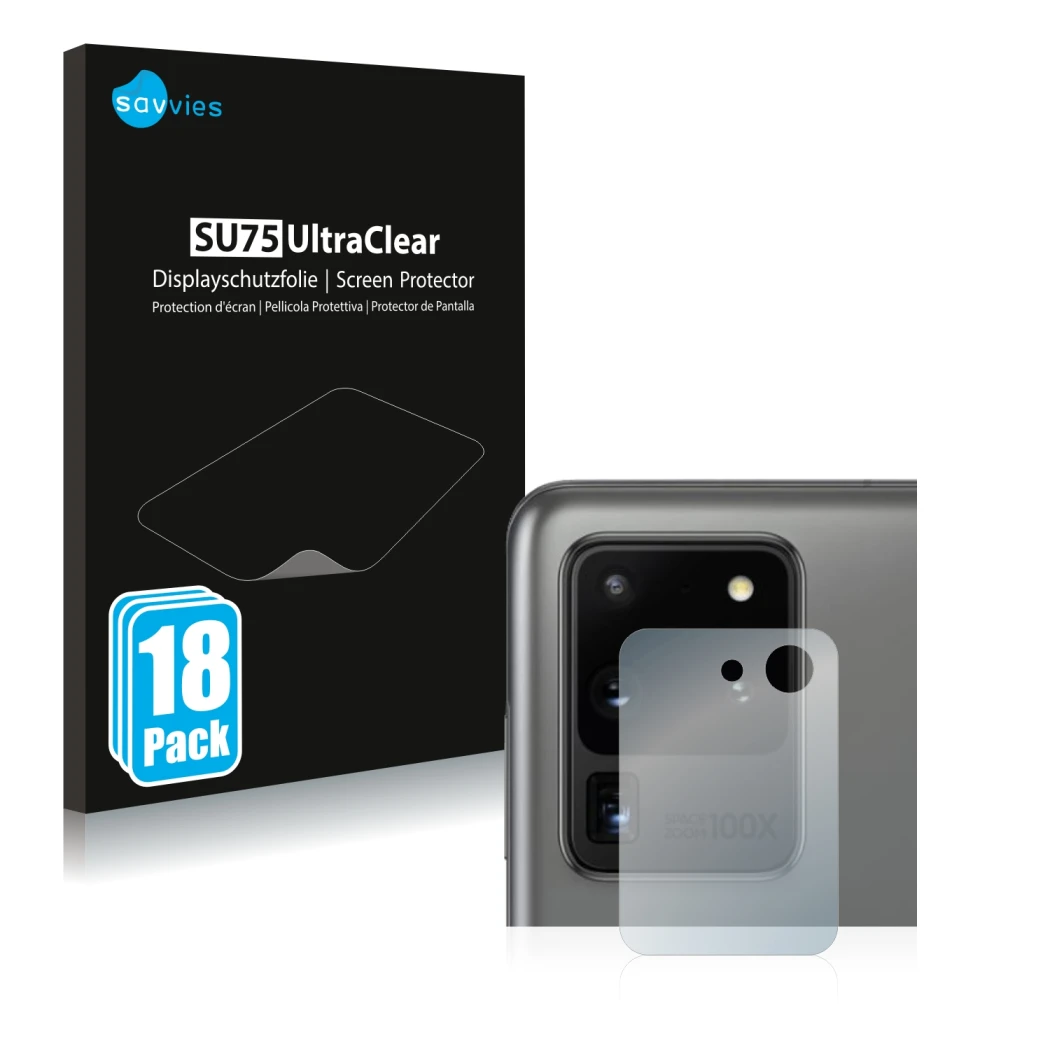 Front side of a product packaging with the brand logo Savvies. Next to it is the device Samsung Galaxy S20 Ultra (ONLY Camera 