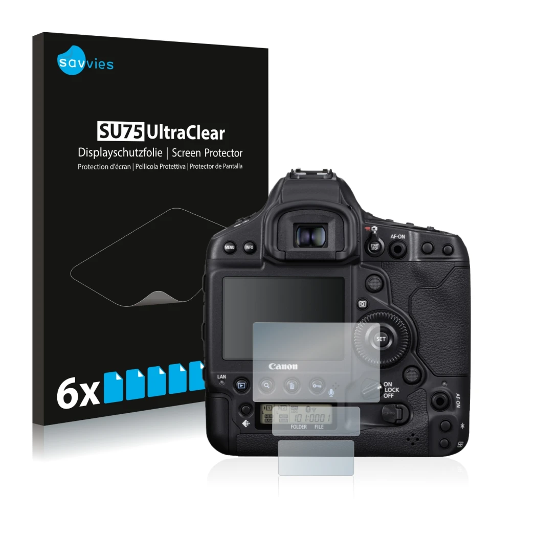 Front side of a product packaging with the brand logo Savvies. Next to it is the device Canon EOS 1D X Mark III shown with the