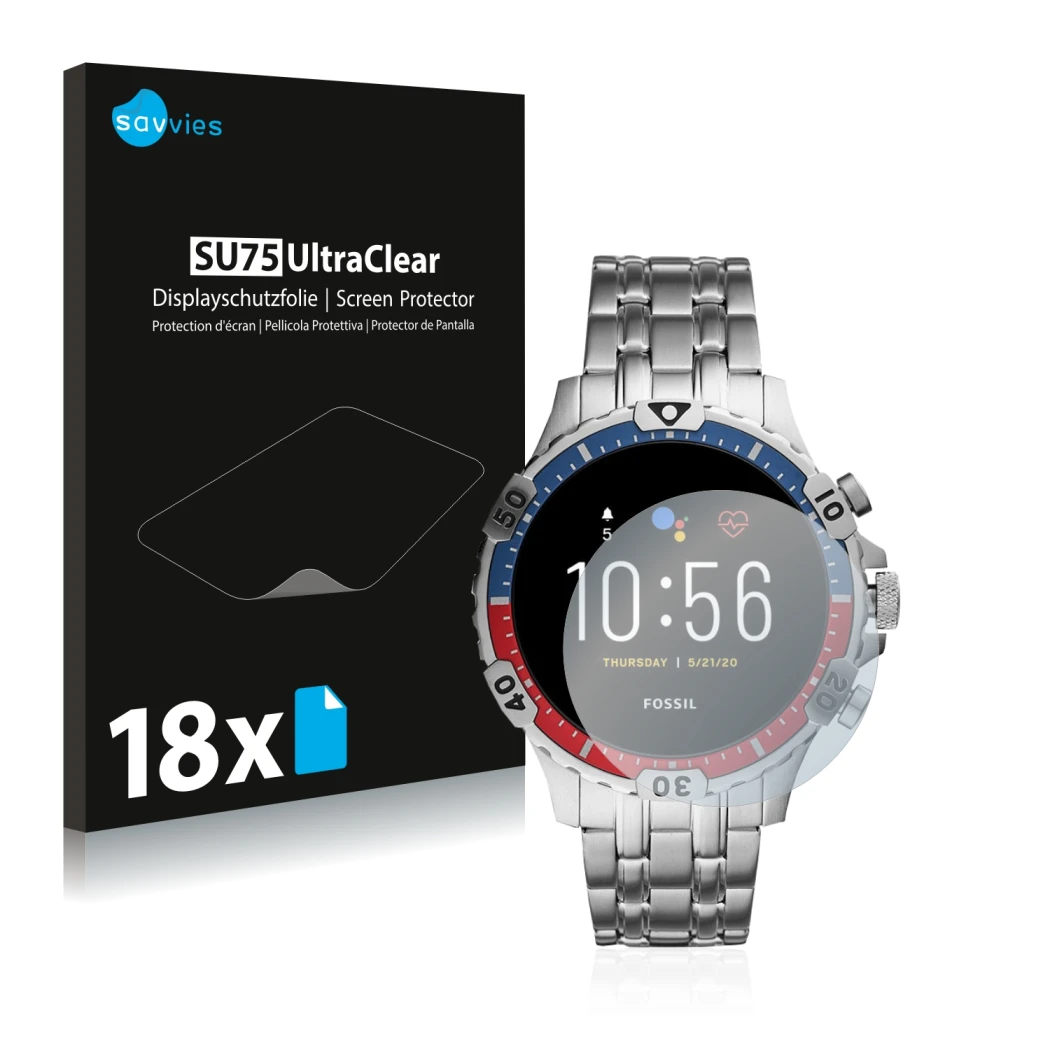 Front side of a product packaging with the brand logo Savvies. Next to it is the device Fossil Garrett HR (5. Gen) shown with 