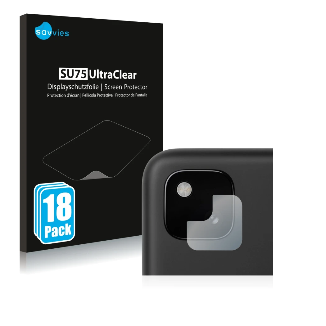 Front side of a product packaging with the brand logo Savvies. Next to it is the device Google Pixel 4a (ONLY Camera Lens) sho