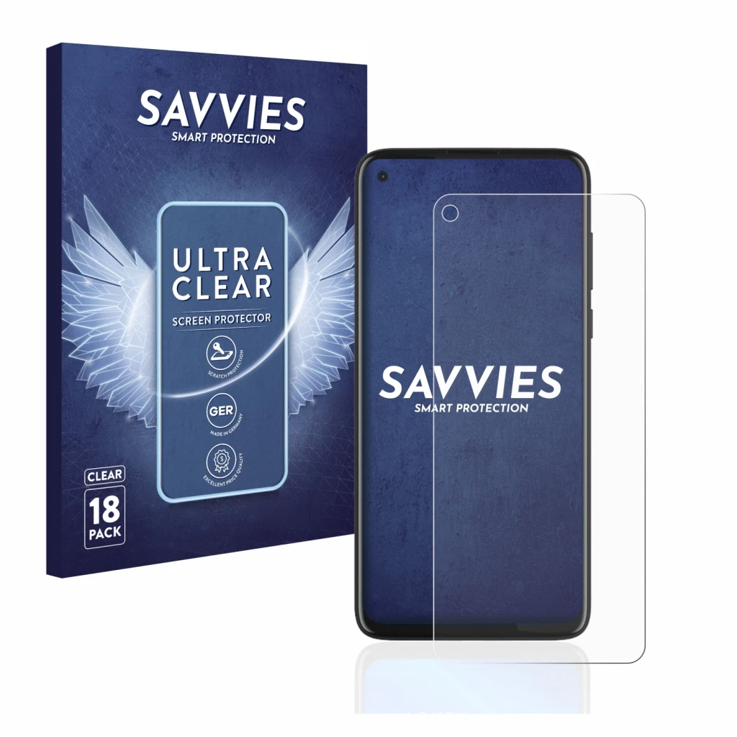 Front side of a product packaging with the brand logo Savvies. Next to it is the device Motorola Moto G8 Power shown with the 