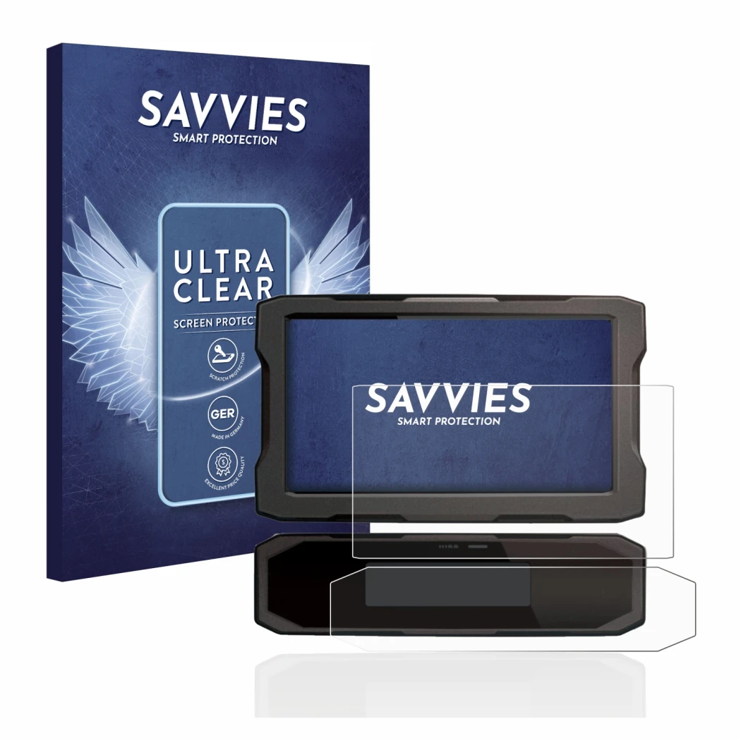 Front side of a product packaging with the brand logo Savvies. Next to it is the device Honda CRF1100L 2020 Speedometer displa