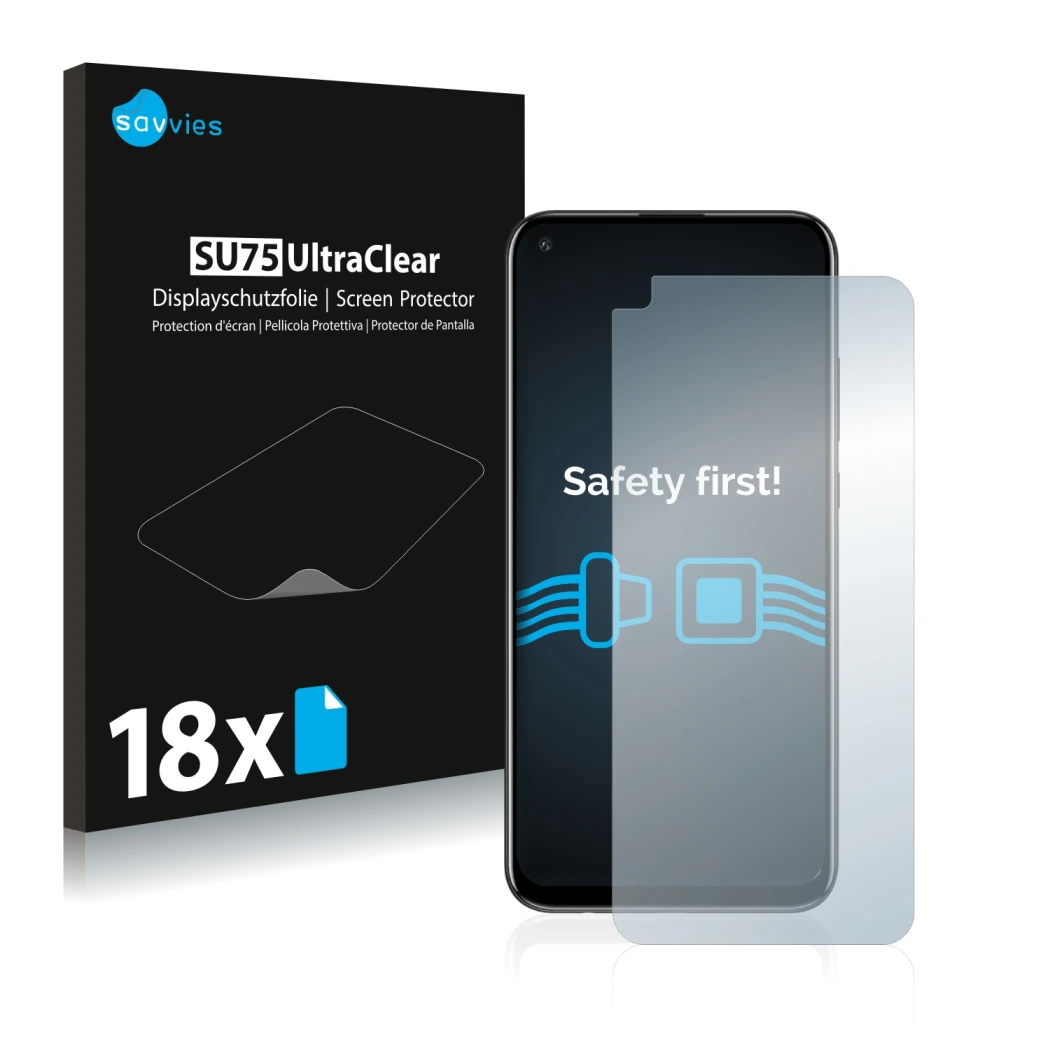 Front side of a product packaging with the brand logo Savvies. Next to it is the device Huawei P40 Lite E shown with the corre