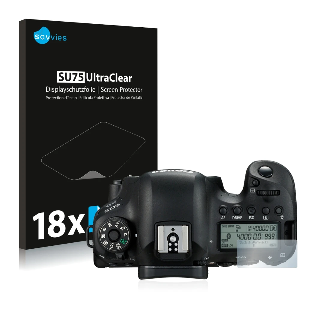 Front side of a product packaging with the brand logo Savvies. Next to it is the device Canon EOS 6D (top plate display) shown