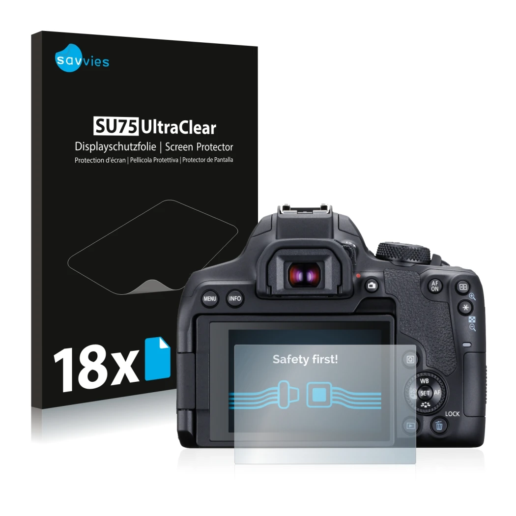 Front side of a product packaging with the brand logo Savvies. Next to it is the device Canon EOS 850D shown with the correspo