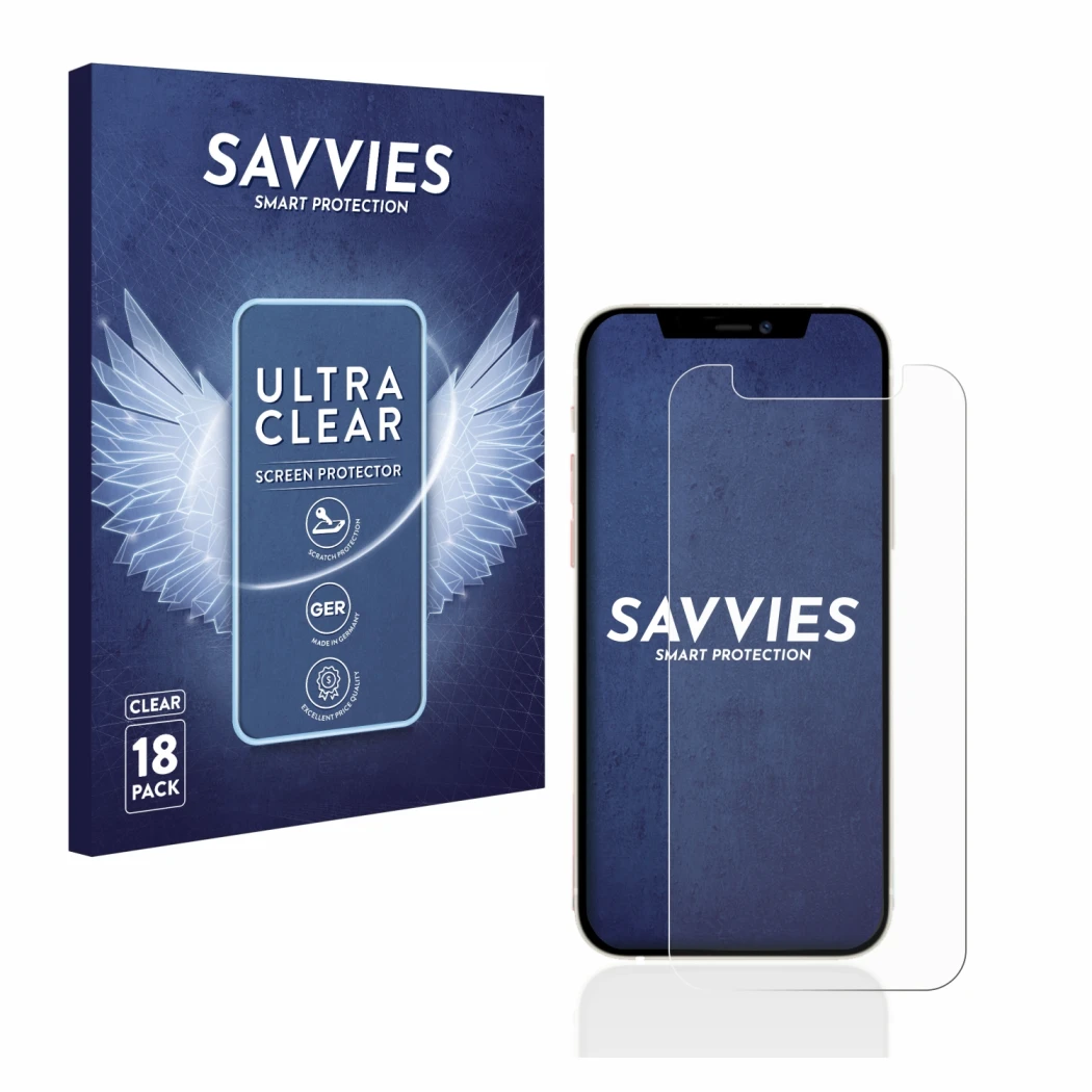 Front side of a product packaging with the brand logo Savvies. Next to it is the device Apple iPhone 12 mini shown with the co