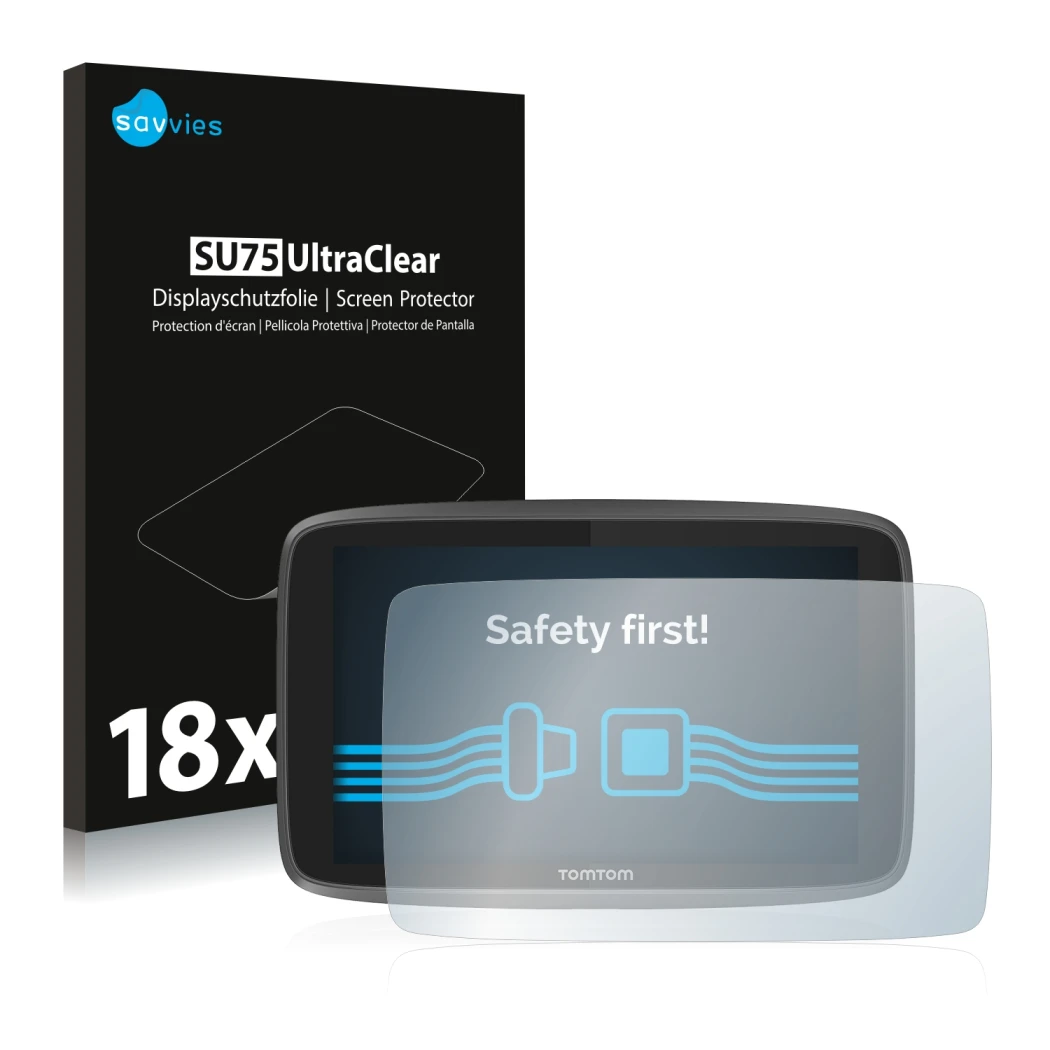 Front side of a product packaging with the brand logo Savvies. Next to it is the device TomTom Go Professional 6250 shown with