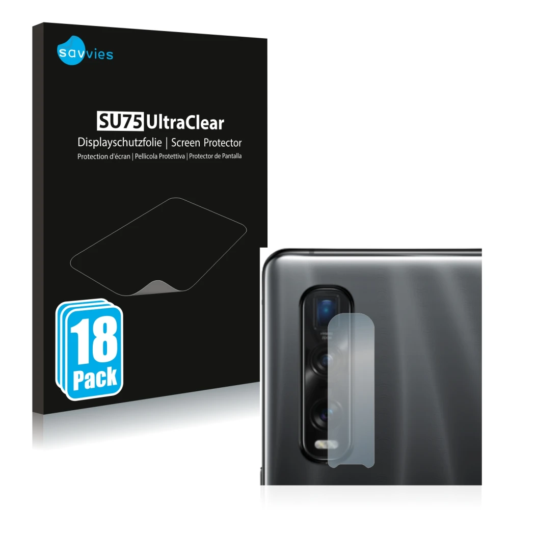 Front side of a product packaging with the brand logo Savvies. Next to it is the device Oppo Find X2 Pro (ONLY Camera Lens) sh