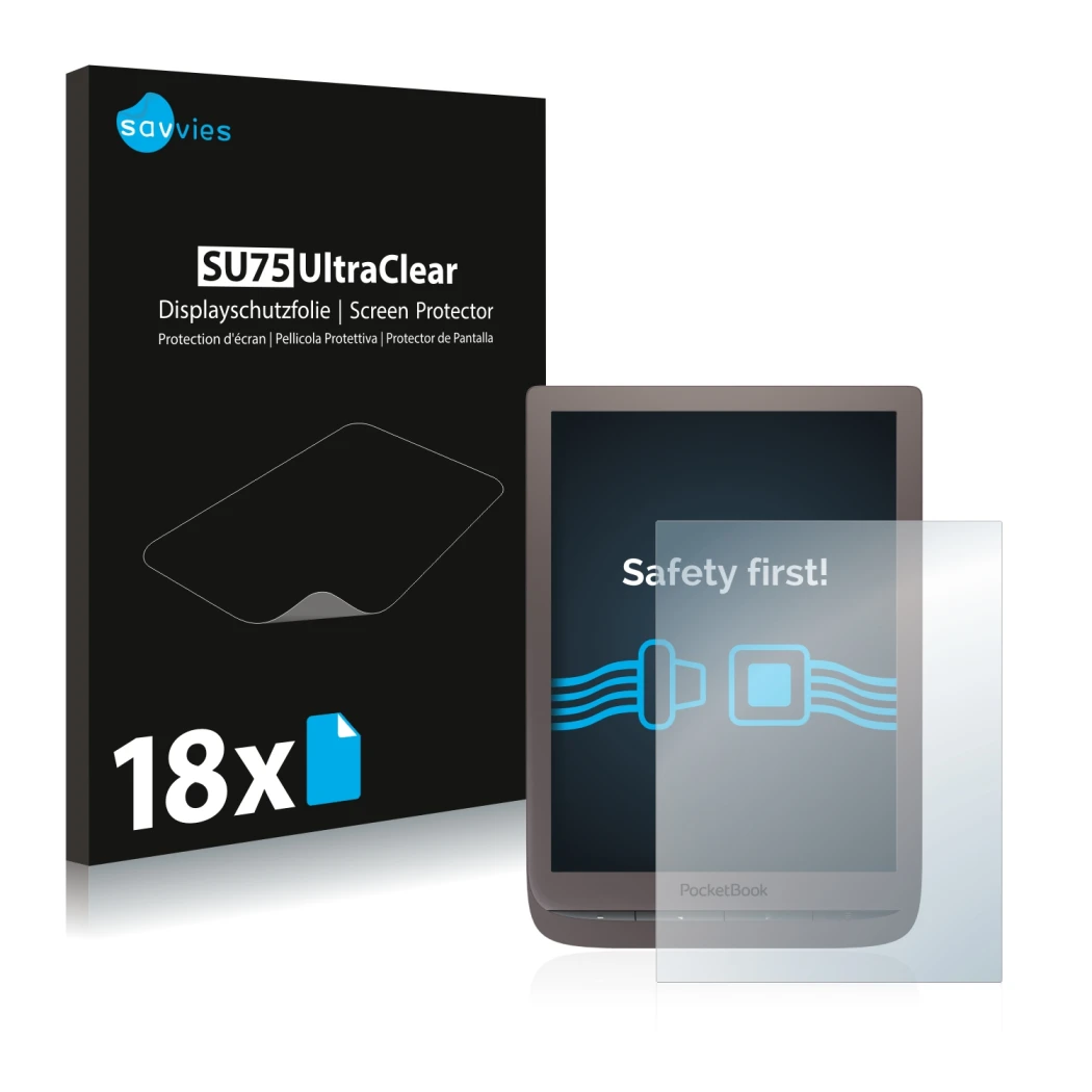 Front side of a product packaging with the brand logo Savvies. Next to it is the device PocketBook InkPad 3 Pro shown with the