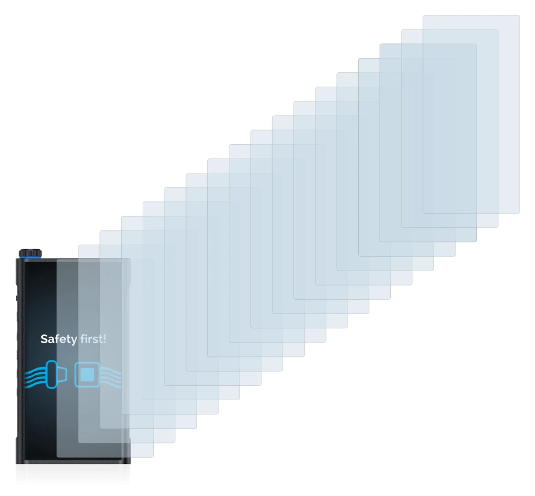 Image of the device FiiO M15 with a wide variety of screen protectors.