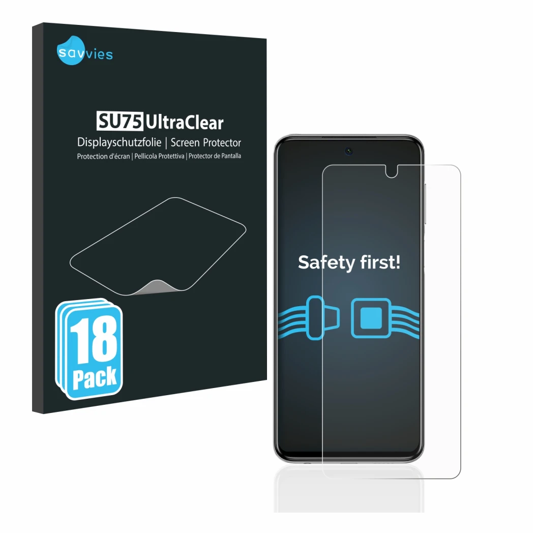 Front side of a product packaging with the brand logo Savvies. Next to it is the device Xiaomi Redmi Note 9S shown with the co