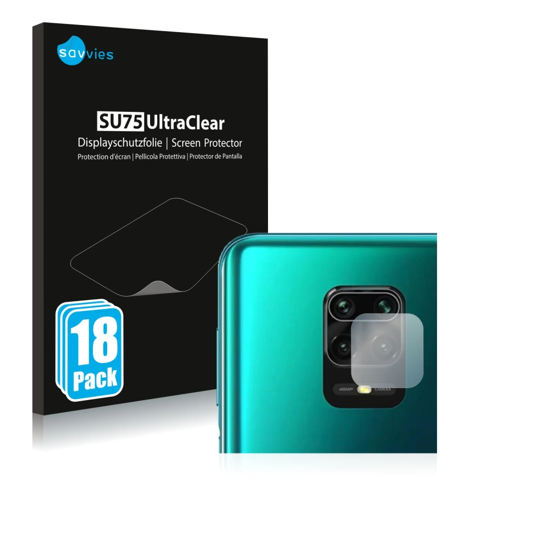 Front side of a product packaging with the brand logo Savvies. Next to it is the device Xiaomi Redmi Note 9S (ONLY Camera Lens