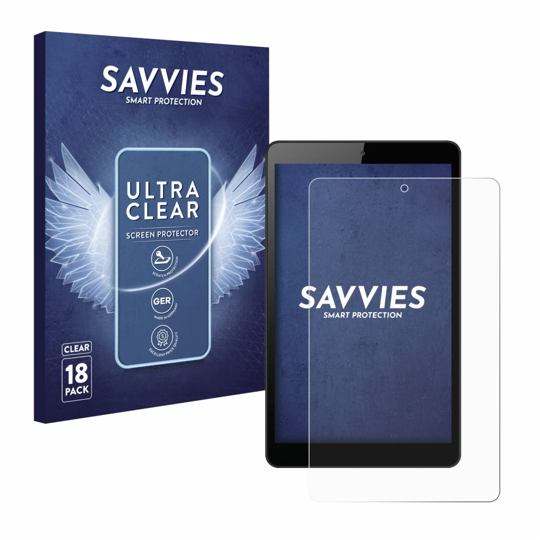 Front side of a product packaging with the brand logo Savvies. Next to it is the device Huawei MediaPad M5 Lite 8