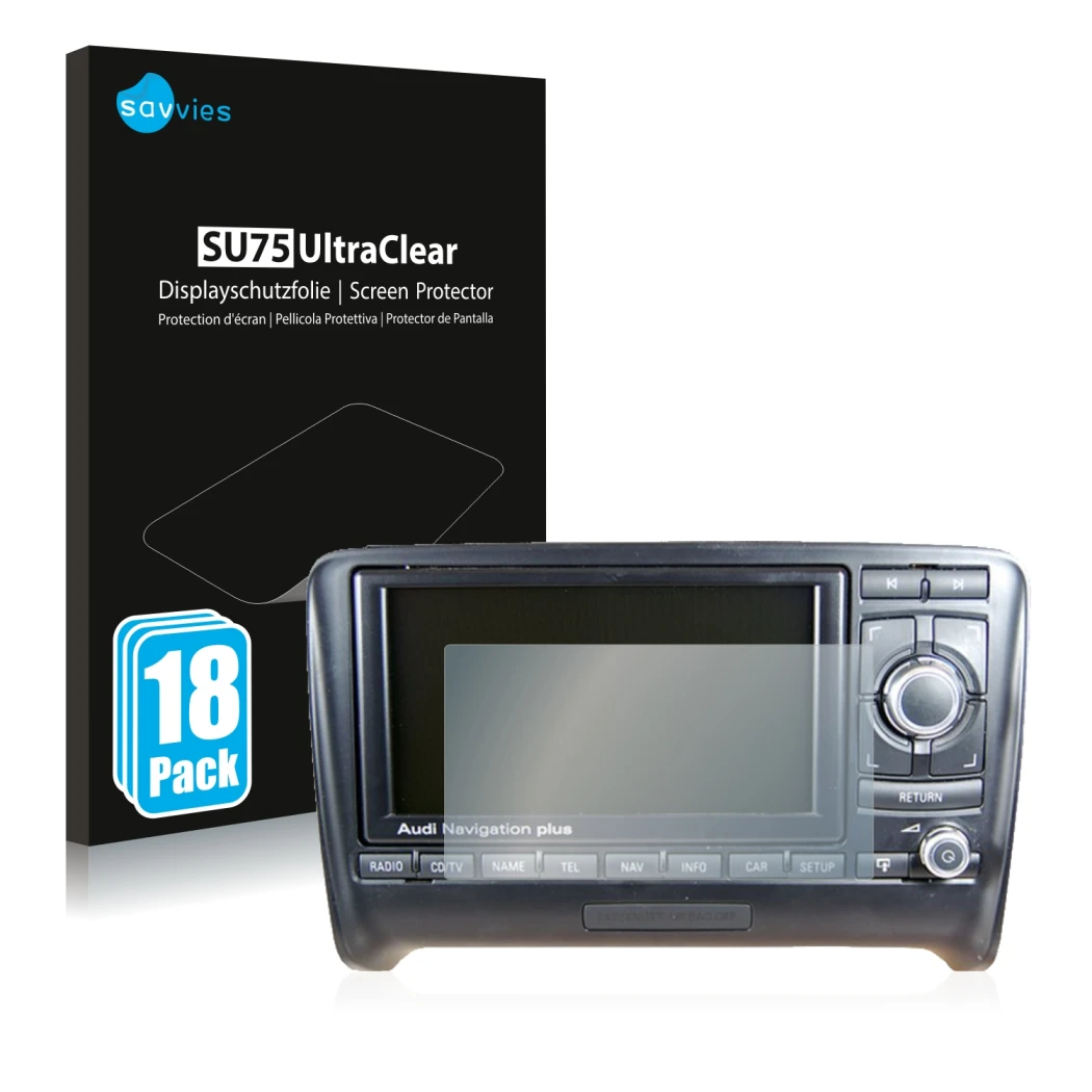 Front side of a product packaging with the brand logo Savvies. Next to it is the device Audi A4 8E 2004-2009 RNS-E shown with 