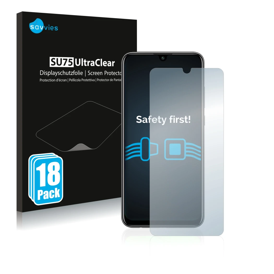 Front side of a product packaging with the brand logo Savvies. Next to it is the device Huawei P smart 2020 shown with the cor