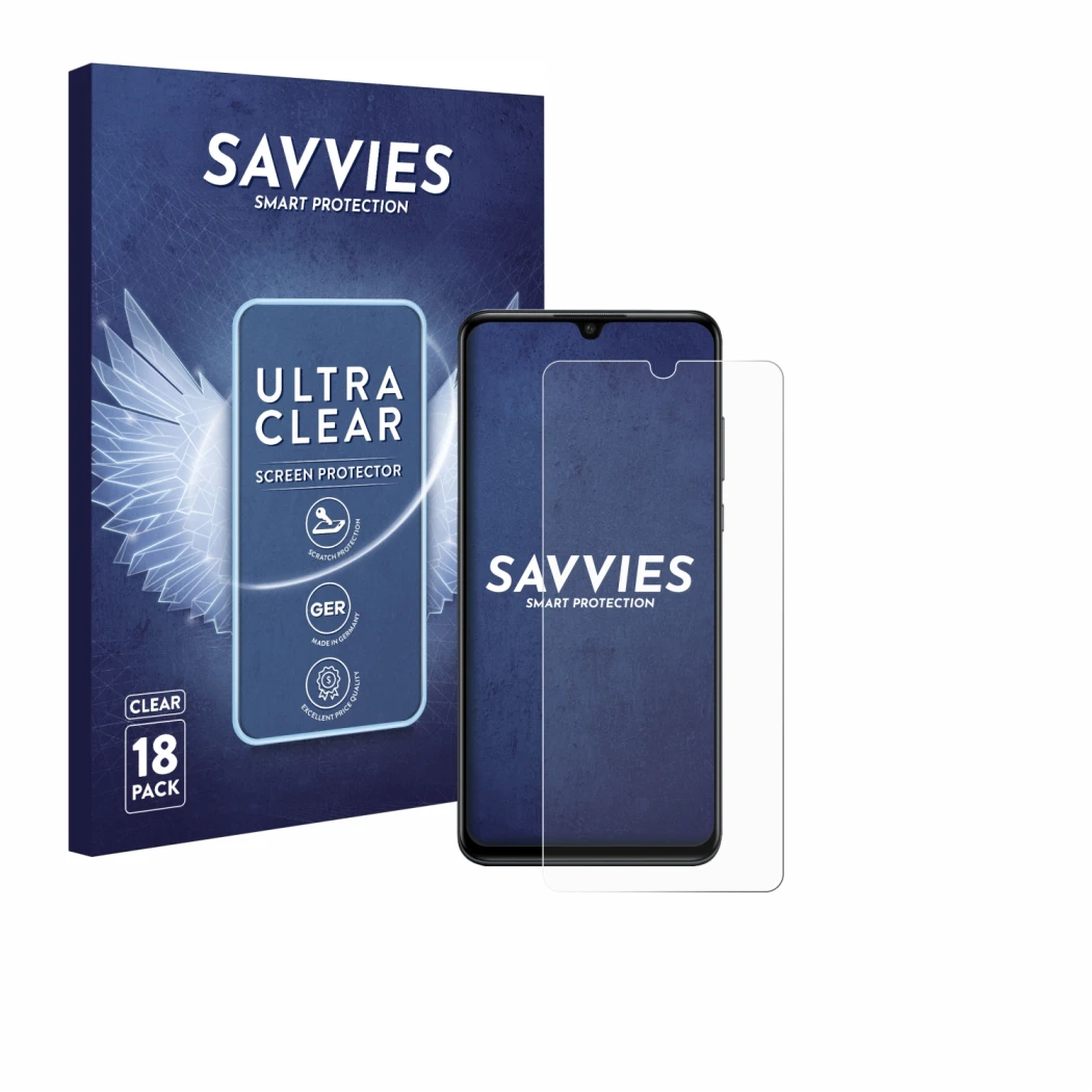 Front side of a product packaging with the brand logo Savvies. Next to it is the device Huawei P30 lite New Edition shown with