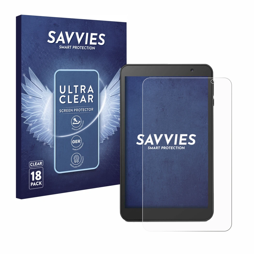 Front side of a product packaging with the brand logo Savvies. Next to it is the device Vankyo MatrixPad S8 shown with the cor