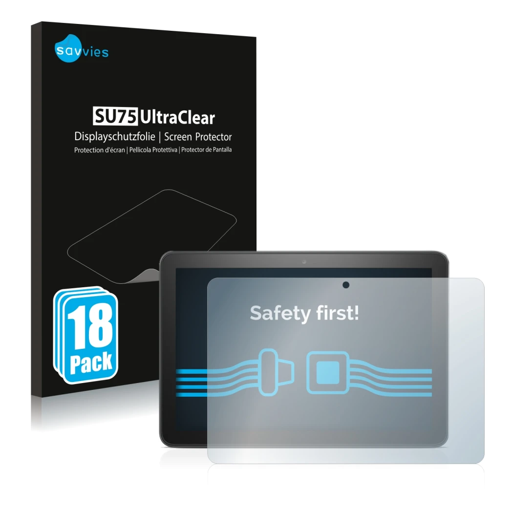 Front side of a product packaging with the brand logo Savvies. Next to it is the device Amazon Fire HD 8 Plus 2020 (10th Gen.)