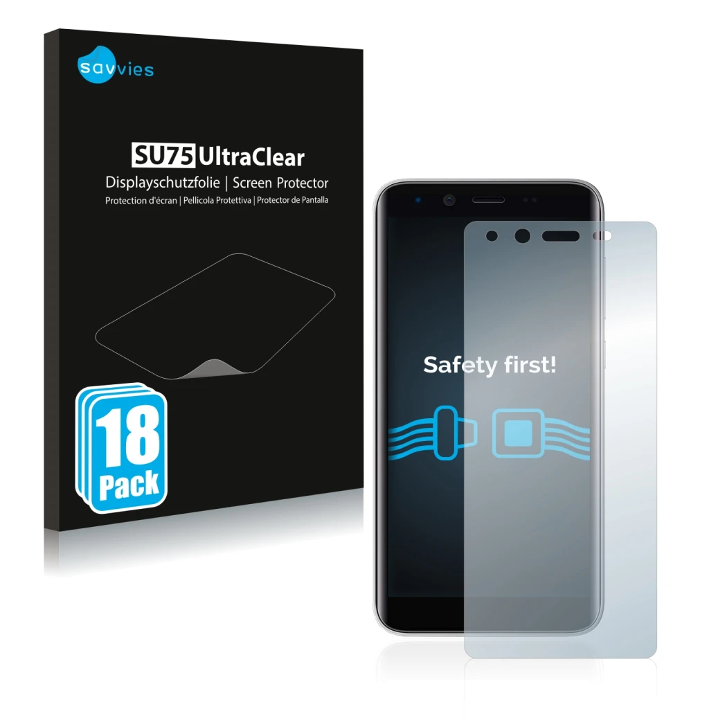 Front side of a product packaging with the brand logo Savvies. Next to it is the device Emporia Smart 3 mini shown with the co