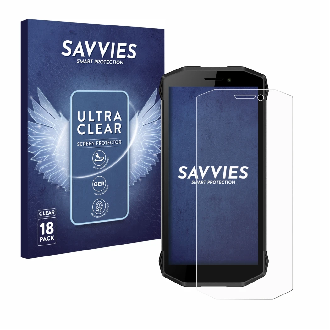 Front side of a product packaging with the brand logo Savvies. Next to it is the device Evolveo Strongphone G5 shown with the 