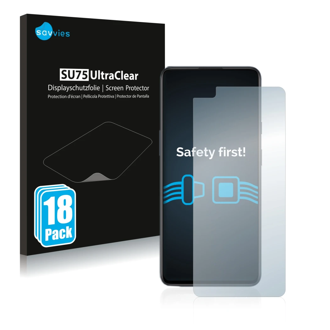 Front side of a product packaging with the brand logo Savvies. Next to it is the device OnePlus Nord shown with the correspond