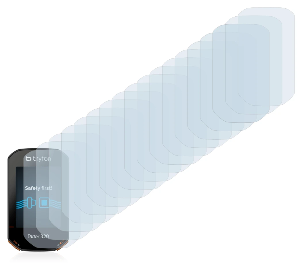 Image of the device Bryton Rider 320 with a wide variety of screen protectors.