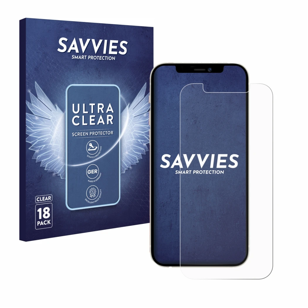 Front side of a product packaging with the brand logo Savvies. Next to it is the device Apple iPhone 12 Pro shown with the cor