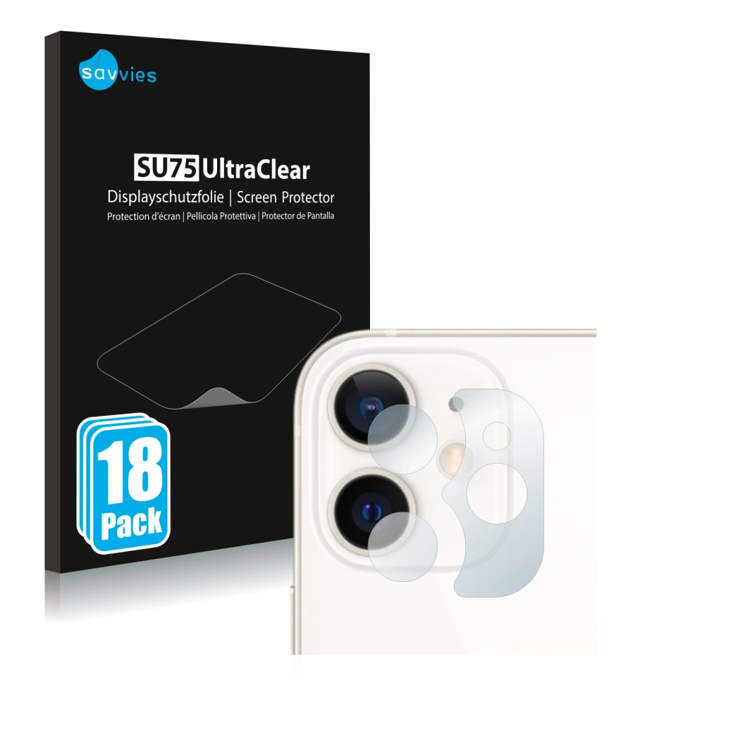 Front side of a product packaging with the brand logo Savvies. Next to it is the device Apple iPhone 12 mini (ONLY Camera Lens