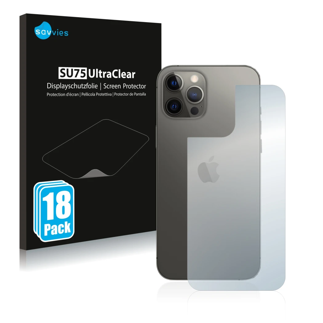 Front side of a product packaging with the brand logo Savvies. Next to it is the device Apple iPhone 12 Pro Max (Back) shown w