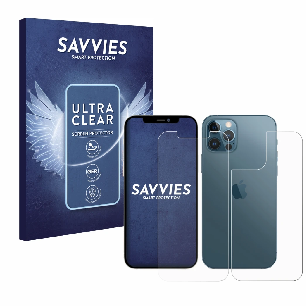 Front side of a product packaging with the brand logo Savvies. Next to it is the device Apple iPhone 12 Pro Max (Front+Back) s
