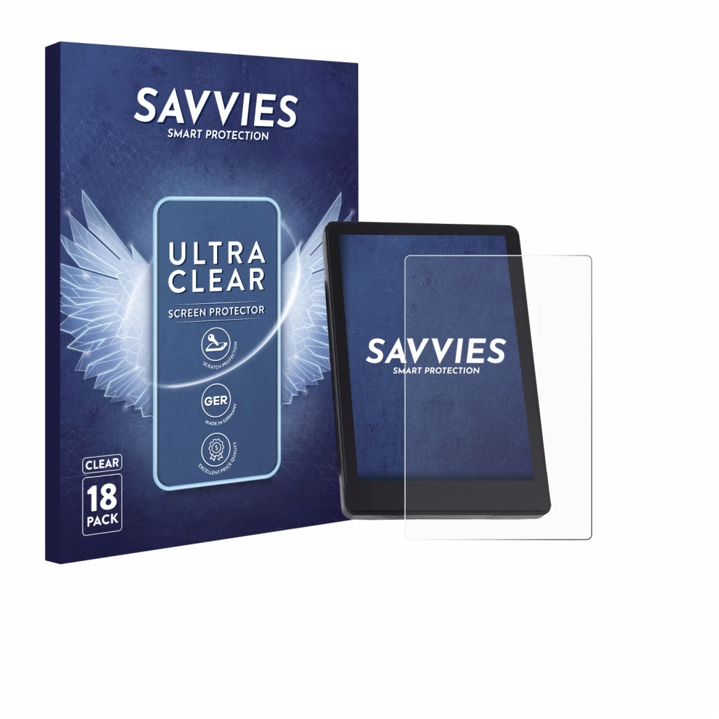 Front side of a product packaging with the brand logo Savvies. Next to it is the device BMZ DS103 shown with the corresponding