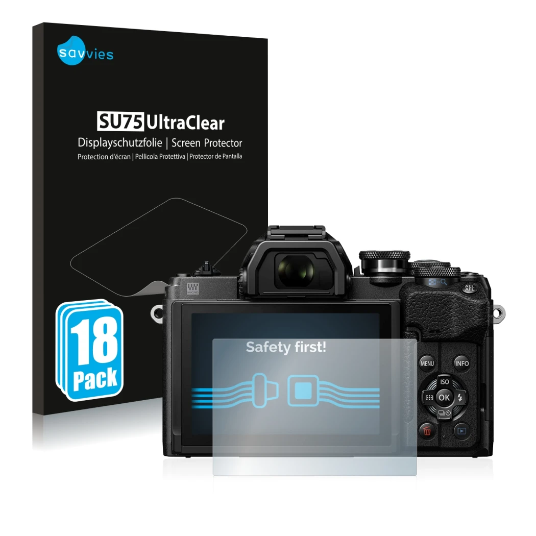 Front side of a product packaging with the brand logo Savvies. Next to it is the device Olympus OM-D E-M10 Mark IV shown with 