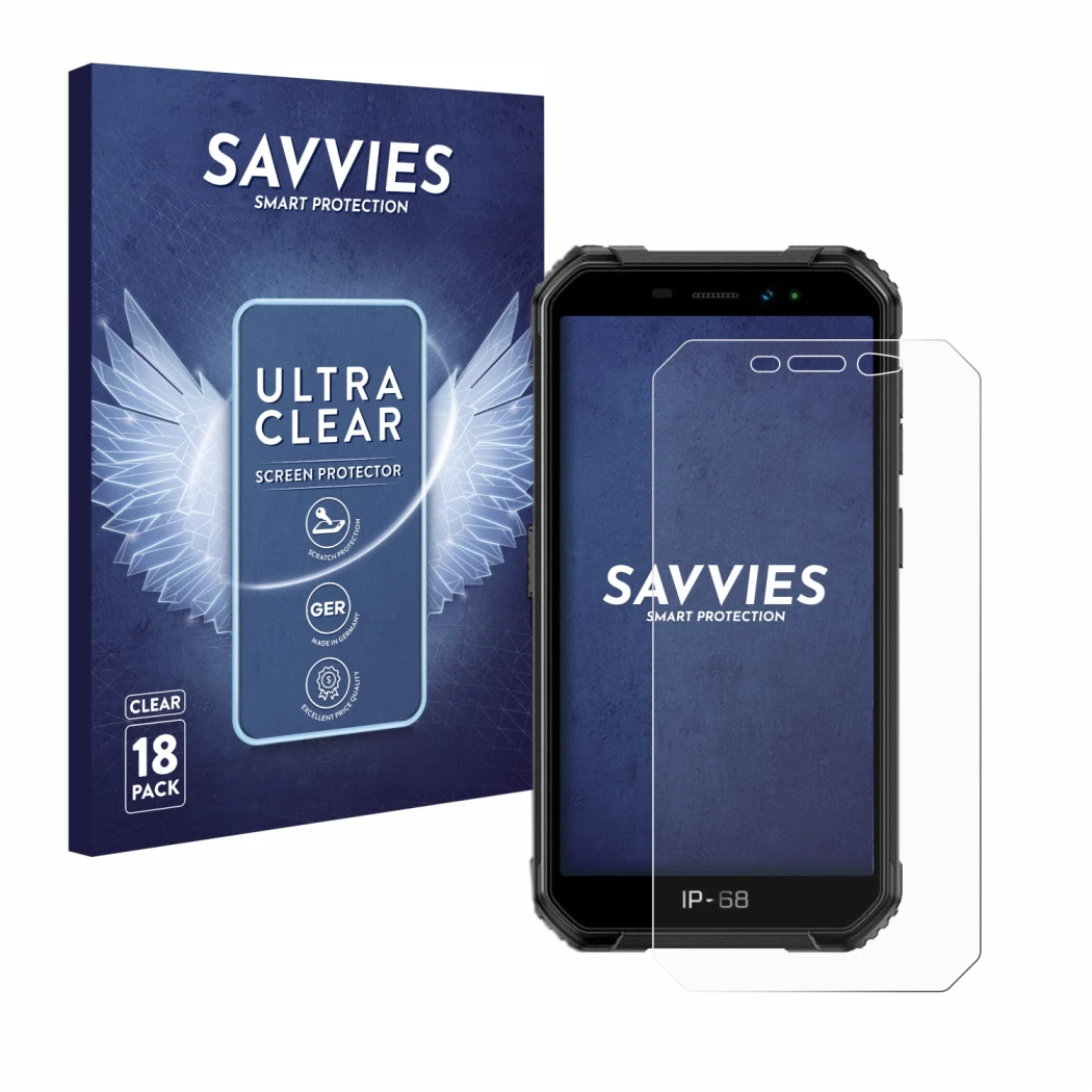 Front side of a product packaging with the brand logo Savvies. Next to it is the device Ulefone Armor X6 shown with the corres