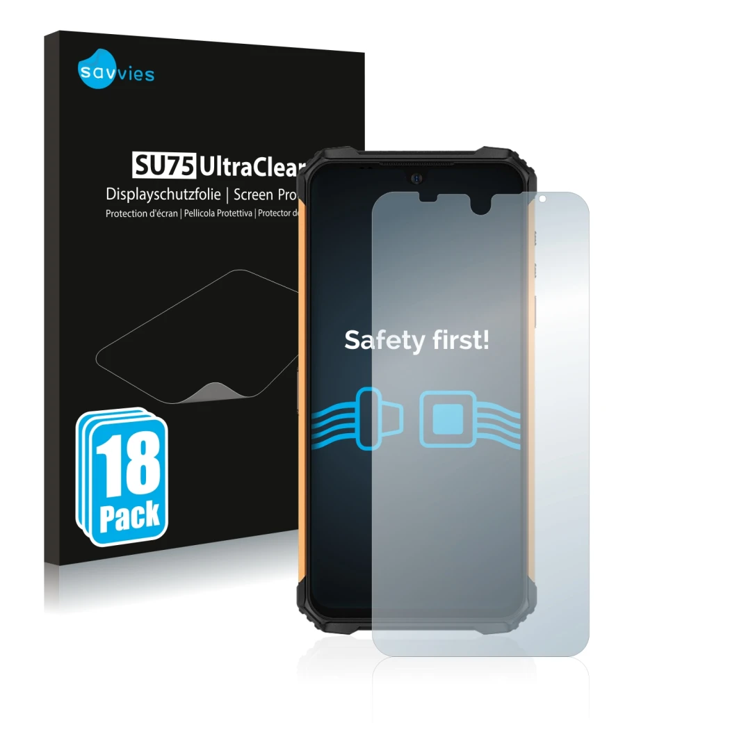 Front side of a product packaging with the brand logo Savvies. Next to it is the device Ulefone Armor 8 shown with the corresp