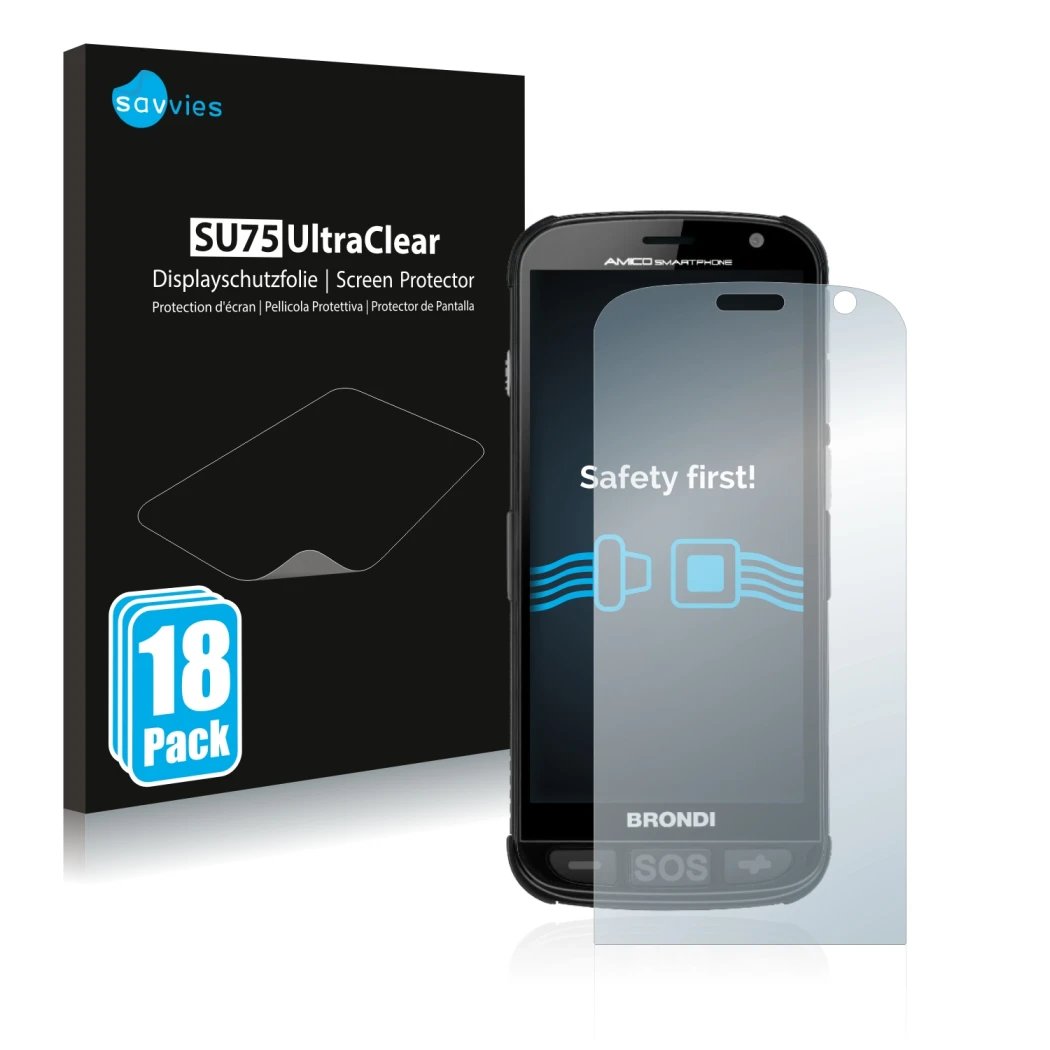 Front side of a product packaging with the brand logo Savvies. Next to it is the device Brondi Amico shown with the correspond