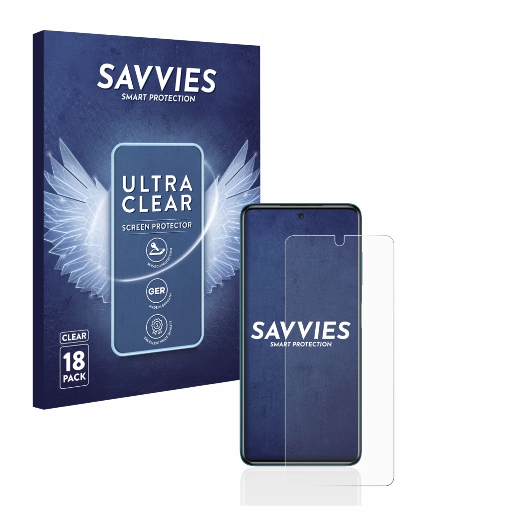Front side of a product packaging with the brand logo Savvies. Next to it is the device Xiaomi Poco X3 NFC shown with the corr