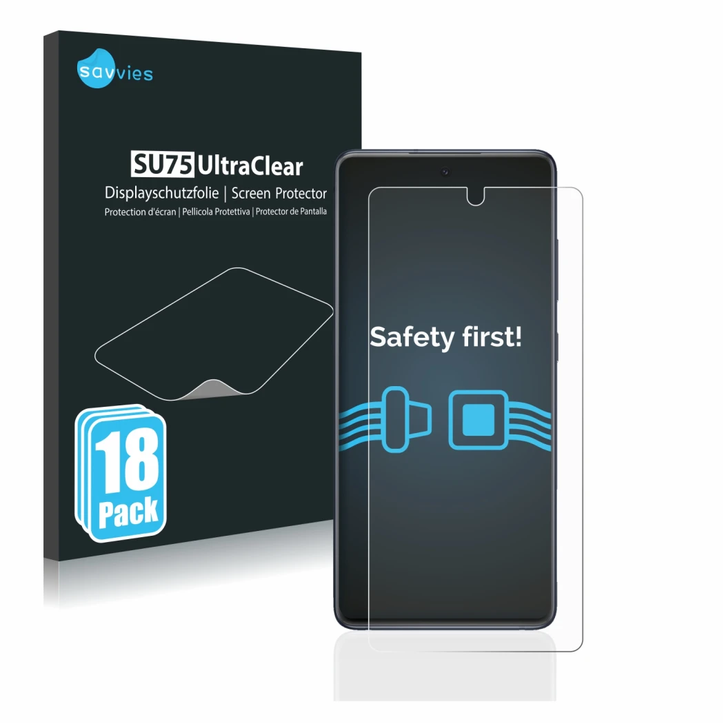 Front side of a product packaging with the brand logo Savvies. Next to it is the device Samsung Galaxy S20 FE shown with the c