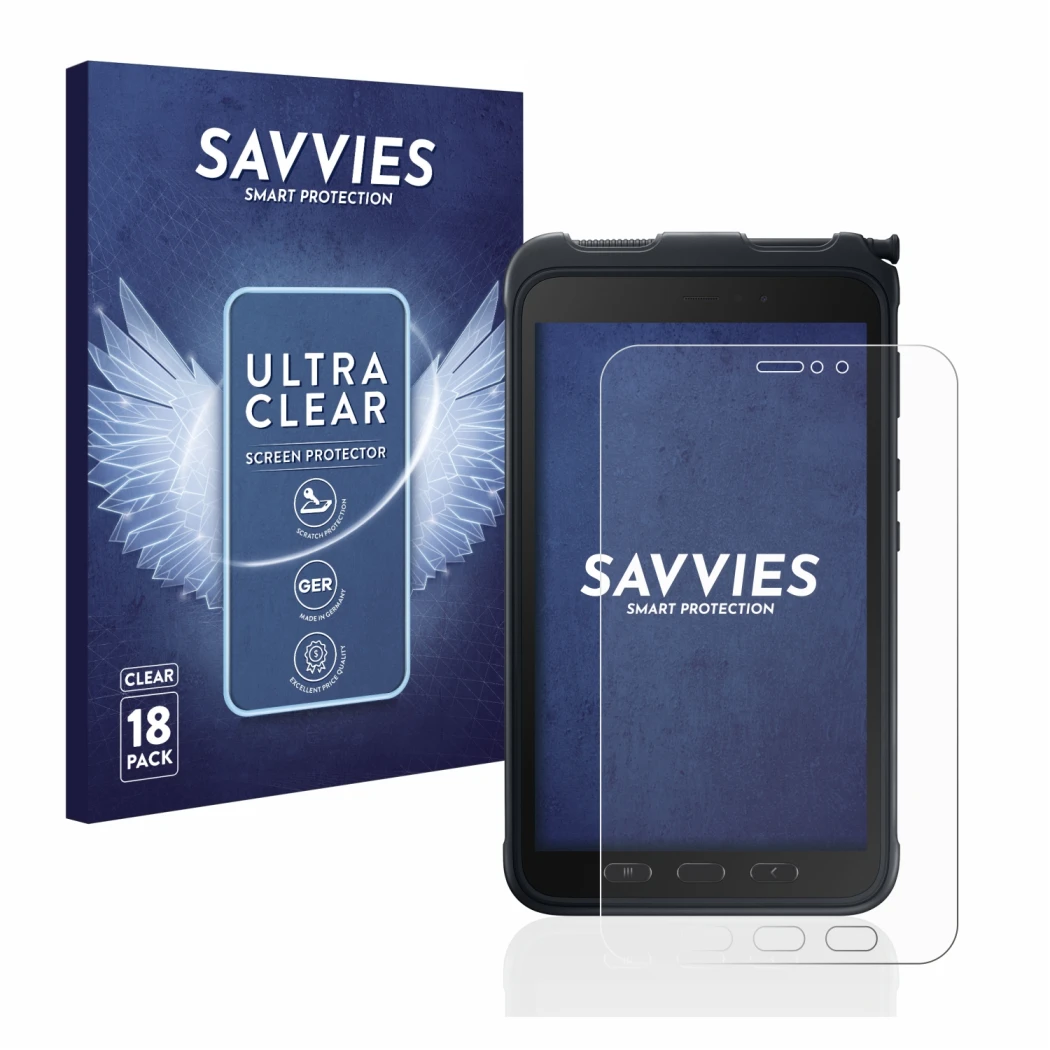 Front side of a product packaging with the brand logo Savvies. Next to it is the device Samsung Galaxy Tab Active 3 shown with