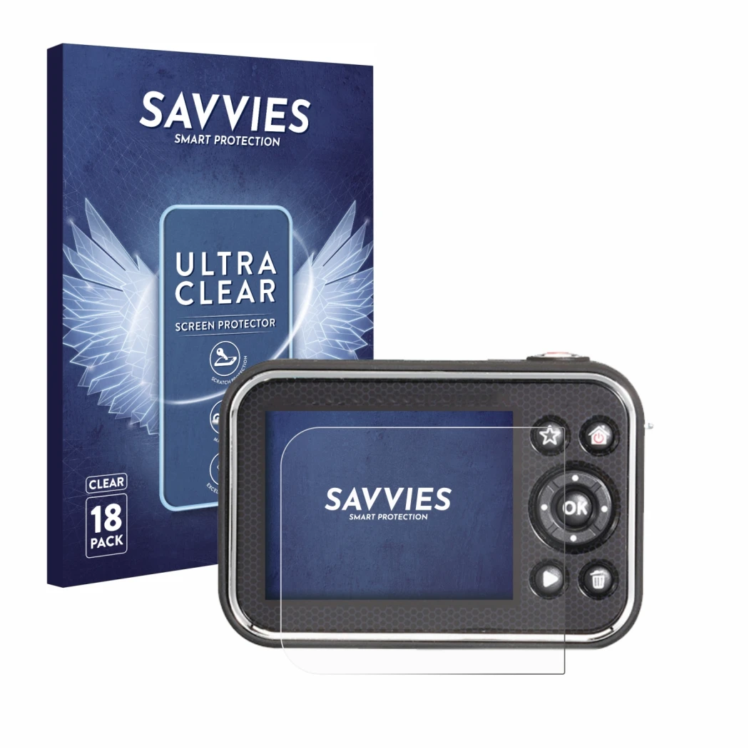 Front side of a product packaging with the brand logo Savvies. Next to it is the device Vtech Kidizoom Video Studio HD shown w