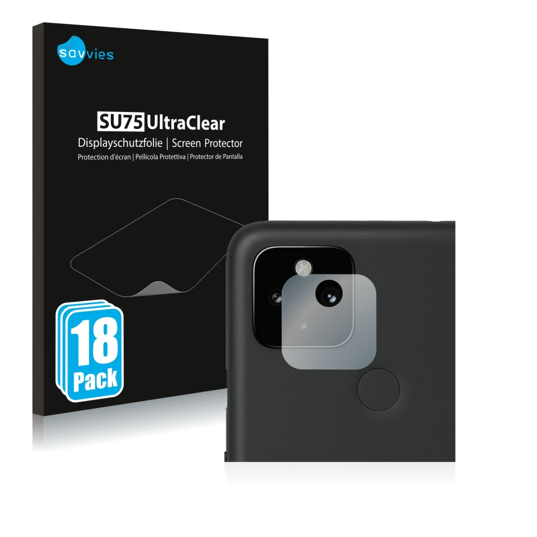 Front side of a product packaging with the brand logo Savvies. Next to it is the device Google Pixel 4a 5G (ONLY Camera Lens) 