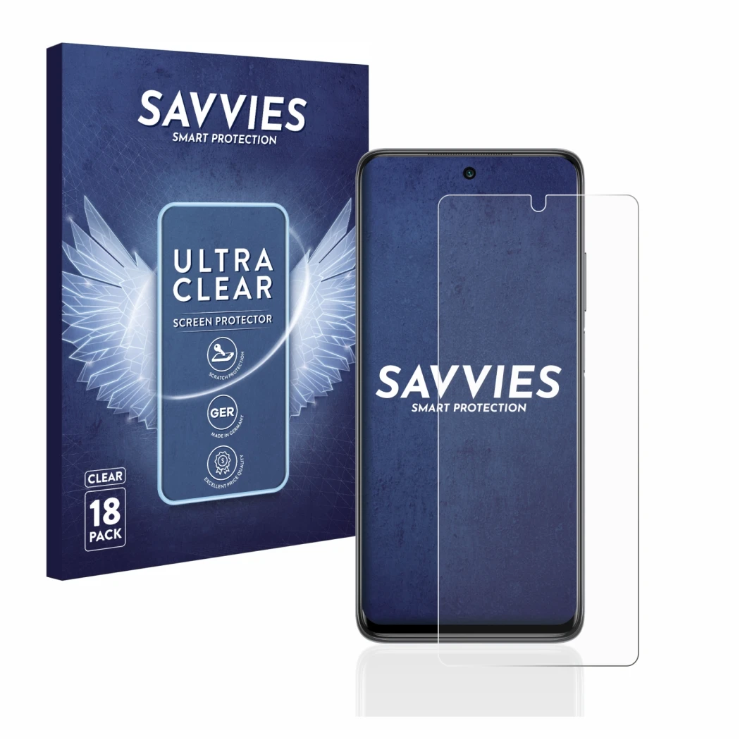 Front side of a product packaging with the brand logo Savvies. Next to it is the device Xiaomi Mi 10T Lite shown with the corr