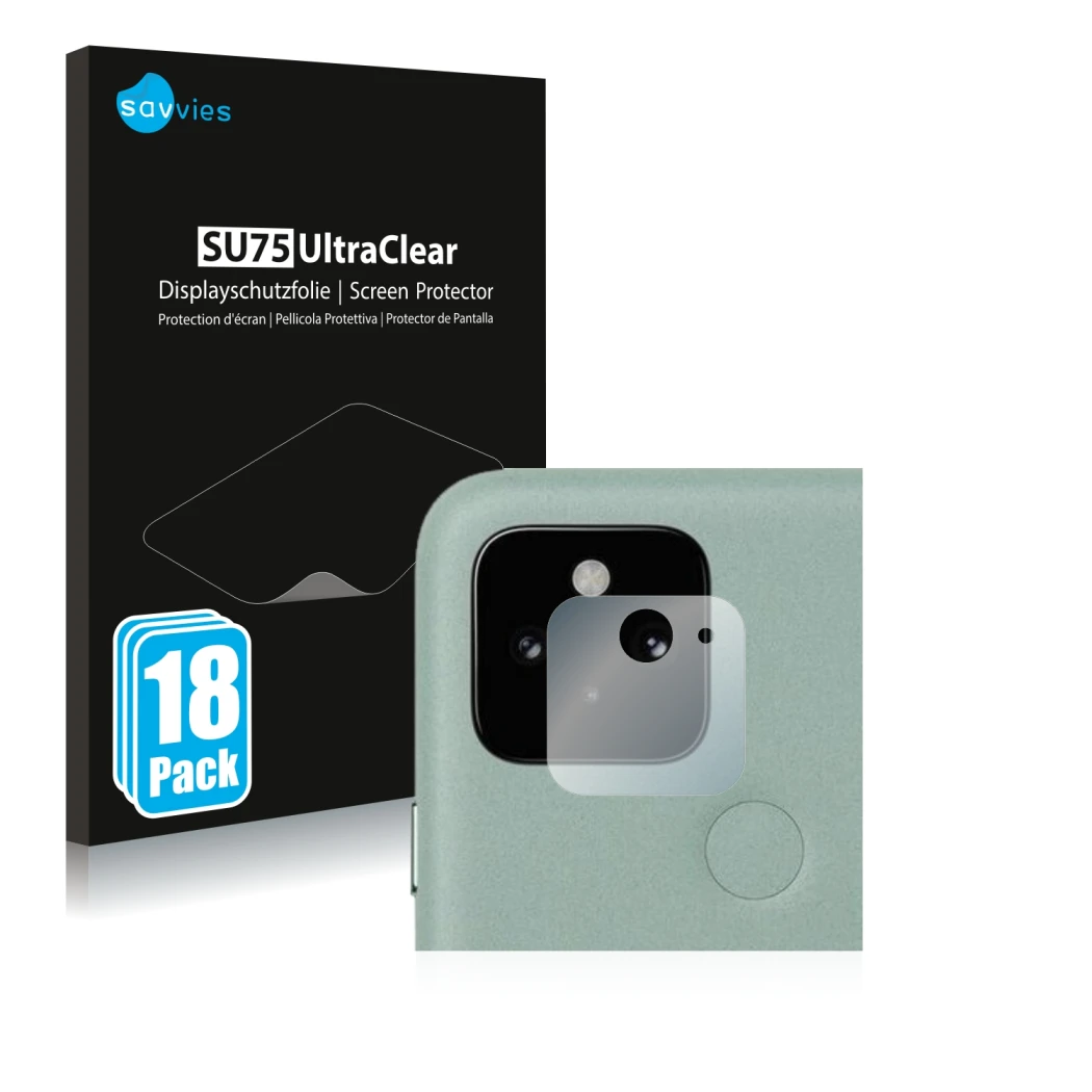 Front side of a product packaging with the brand logo Savvies. Next to it is the device Google Pixel 5 (ONLY Camera Lens) show