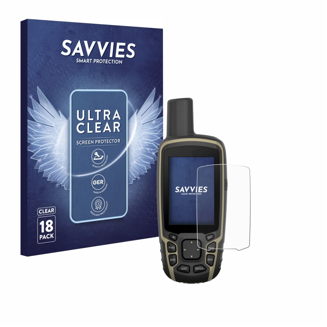 Front side of a product packaging with the brand logo Savvies. Next to it is the device Garmin GPSMAP 65 shown with the corres