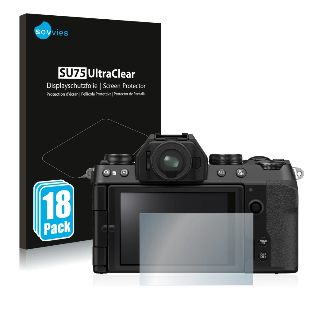 Front side of a product packaging with the brand logo Savvies. Next to it is the device Fujifilm X-S10 shown with the correspo