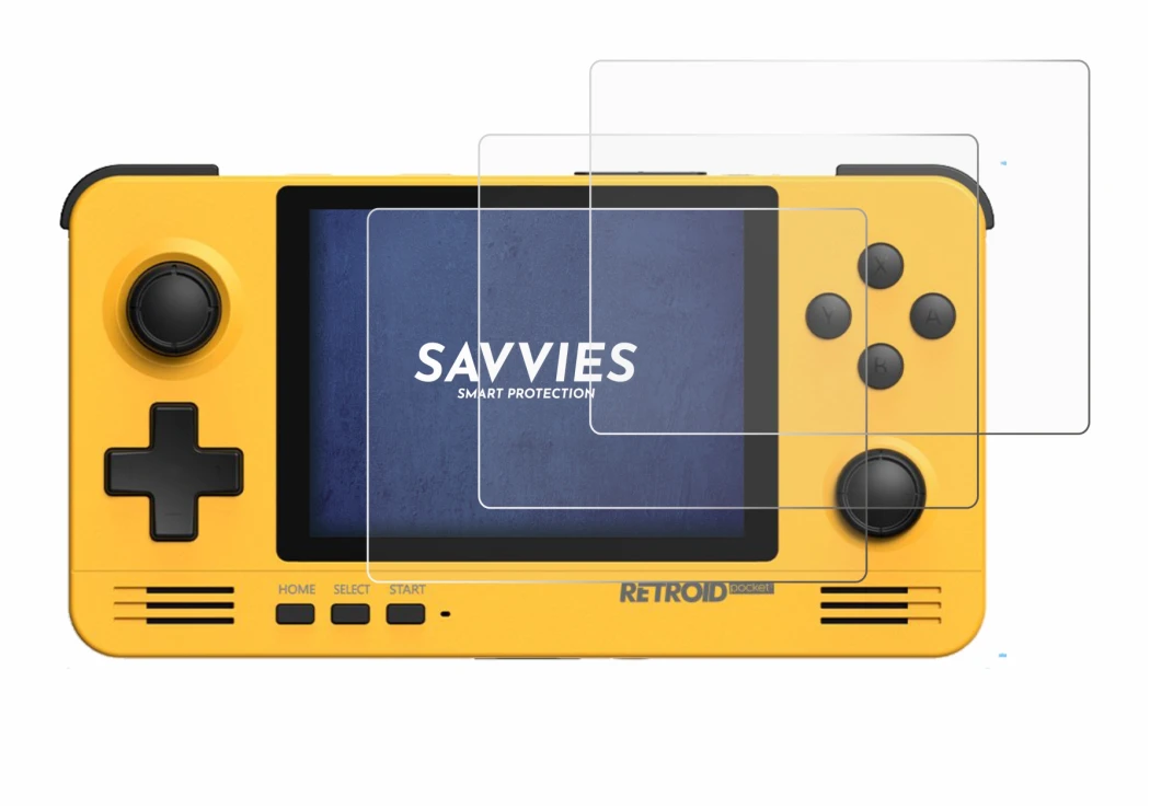 Image of the device Retroid Pocket 2 with a wide variety of screen protectors.