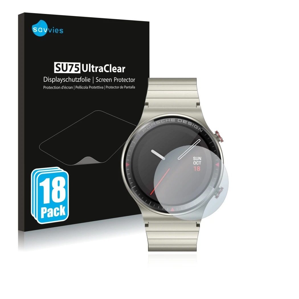 Front side of a product packaging with the brand logo Savvies. Next to it is the device Huawei Watch GT 2 Porsche Design shown