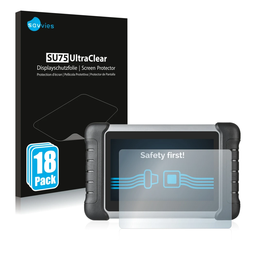 Front side of a product packaging with the brand logo Savvies. Next to it is the device Autel MaxiCOM MK808 shown with the cor